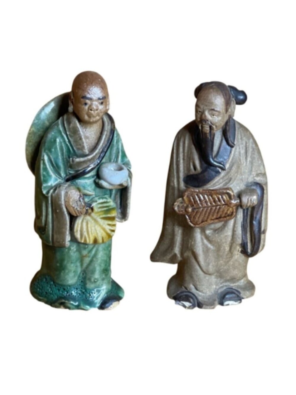 Antique Chinese Shiwan Mudmen Pair c. 1890-1919 - Hand Stamped "CHINA" 4"